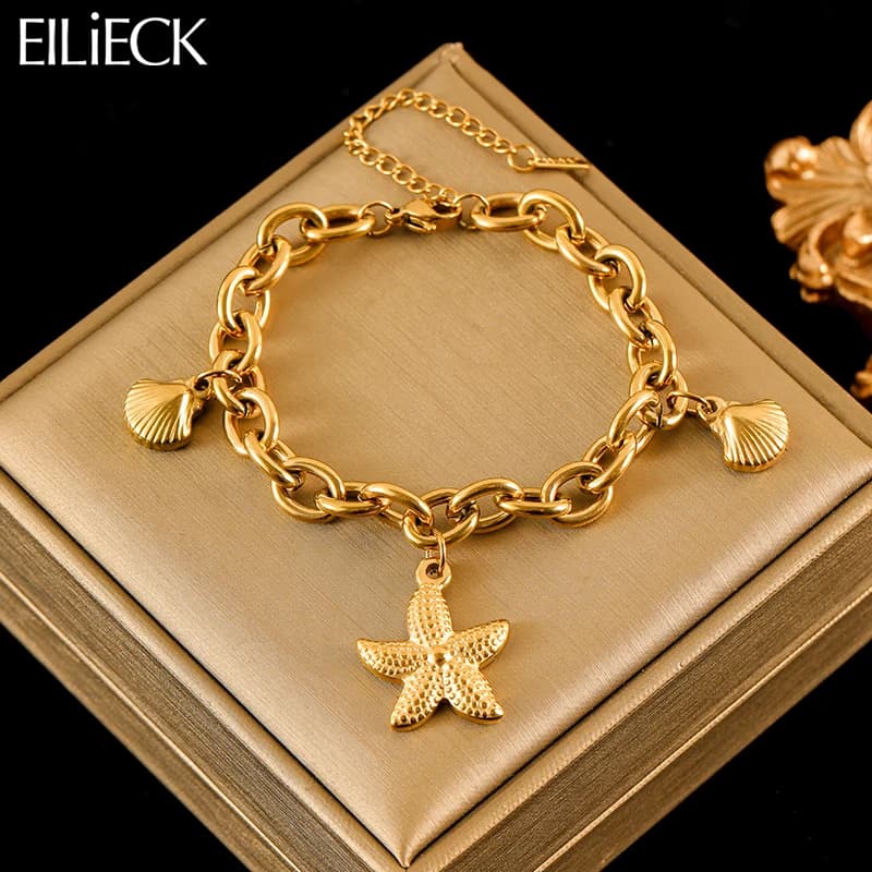 EILIECK Bracciale con ciondoli con conchiglie di stelle marine in acciaio inossidabile 316L per le donne Nuova catena da polso alla moda Placcato oro 18 carati Gioielli Regalo Festa