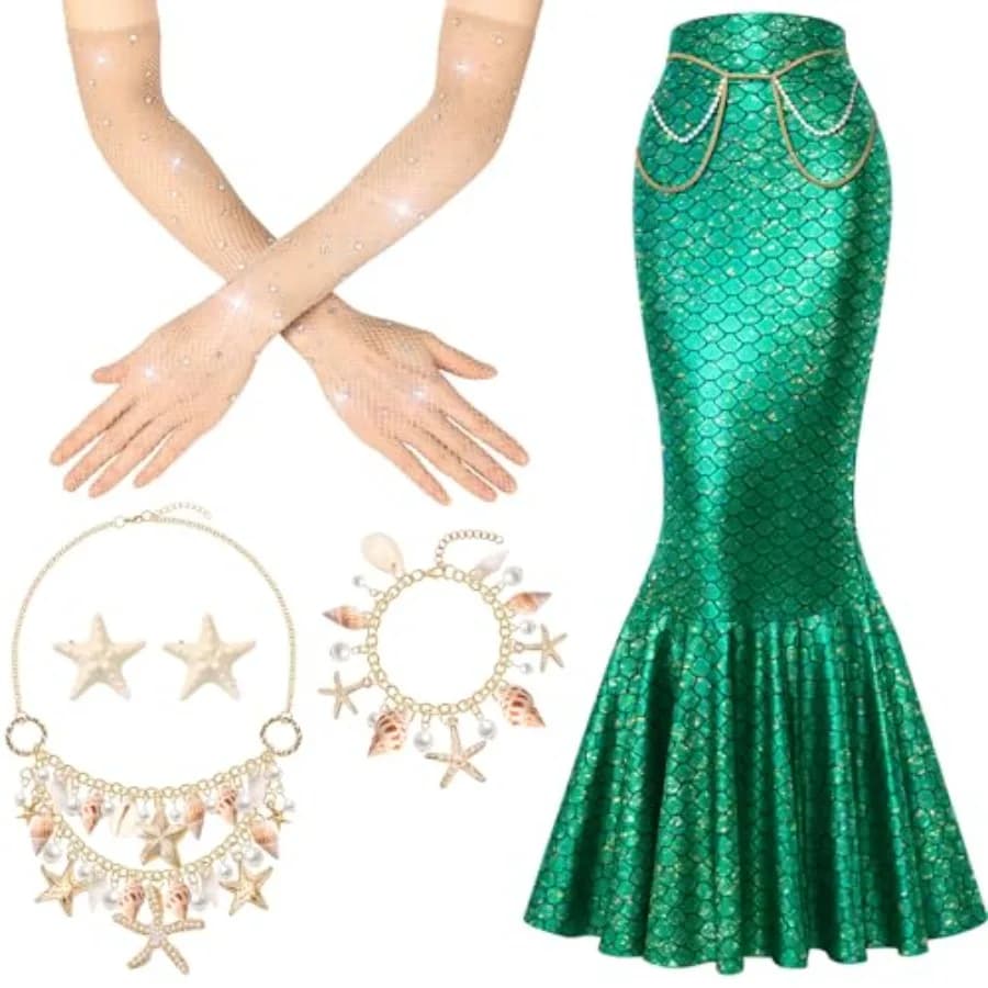 Quelay Set di 6 Pezzi Costume da Sirena per Donna, Gonna con Paillettes, Fermaglio per Capelli a Forma di Stella Marina, Collana con Conchiglie, Bracciale e Guanti per Cosplay di Halloween