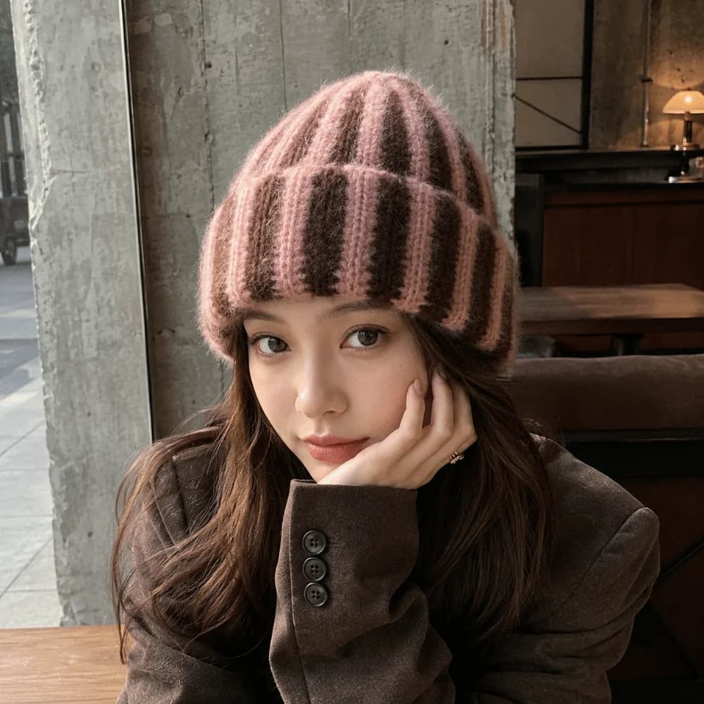 Brimless Color Blocked Striped Beanie Hat Thick Windproof Ribbed Knit Cap Thermal Soft Warm Hat Unisex