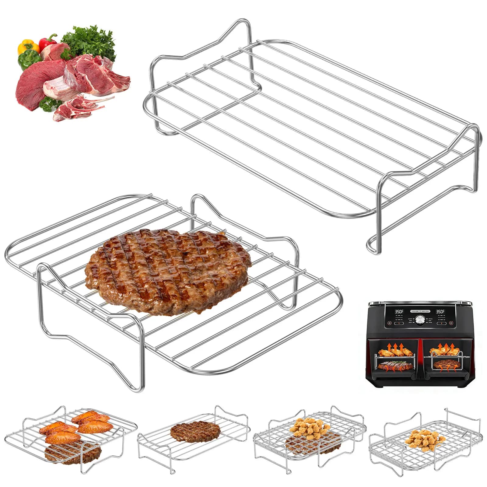 2 pieces air fryer rack stackable stainless steel 304 double basket air fryer grill rack washable in dishwasher for 8.5L-10L air fryer rack
