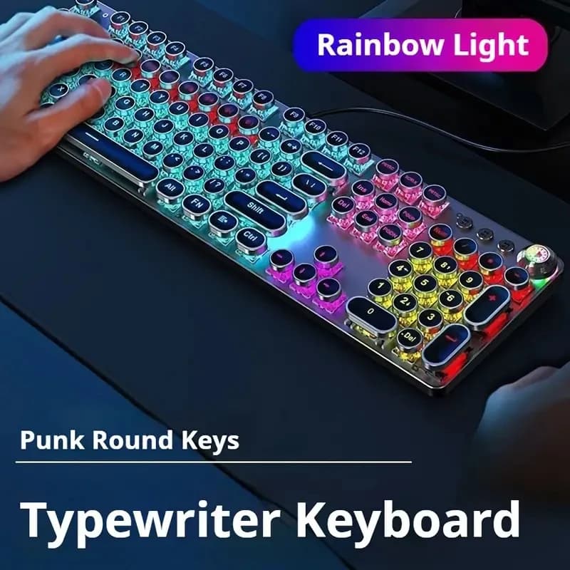EWEADN Punk Macchina da scrivere Tastiera da gioco meccanica 104 tasti Tastiera LED Colorato retroilluminato USB Wired Tastiere vecchio stile per Windows