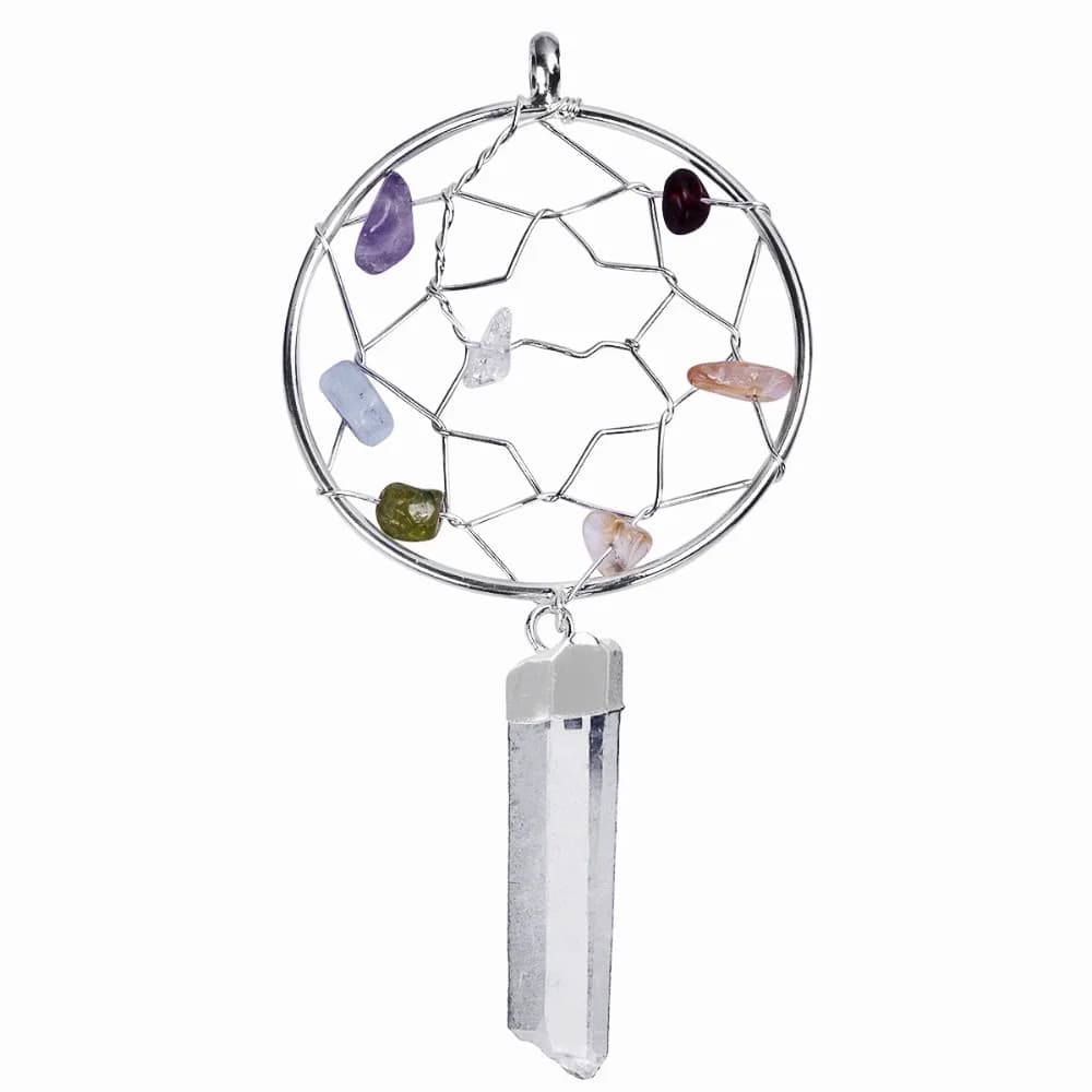 7 Chakra Stone Dream Catcher Pendant, Natural Raw Rock Quartz Crystal Pillar Charms Healing Unisex Jewelry