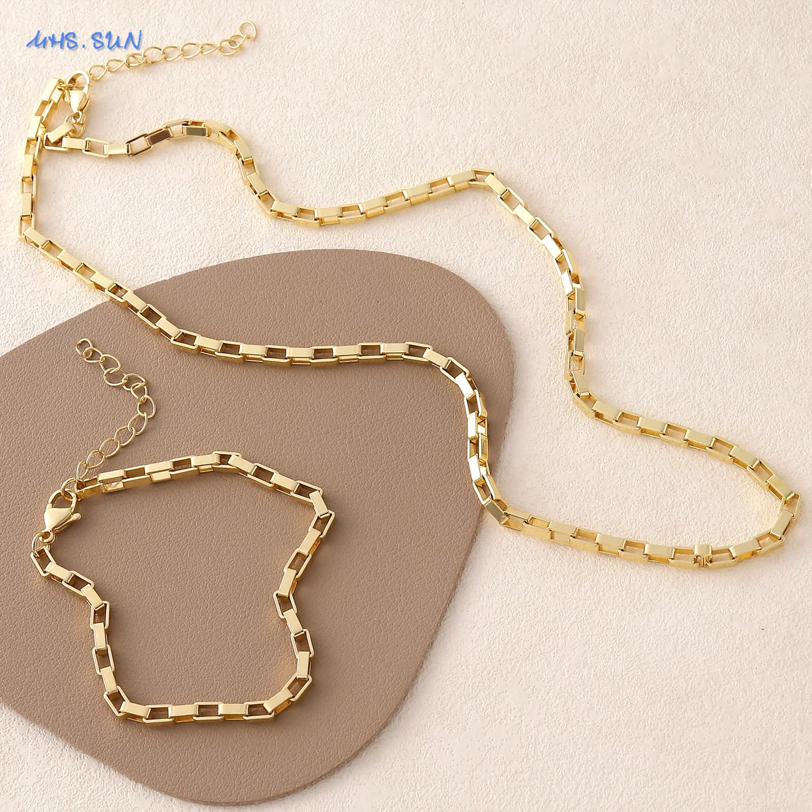 SUNSLL Set di collane e bracciali con catena lunga quadrata per donna e uomo, placcati in oro, personalizzabili, versatili, gioielli regalo