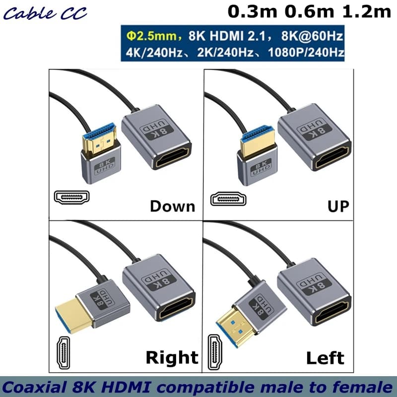 HDMI 8K extension cable from 90 degrees 1FT, low angle male-female HDMI cable (48 Gbps bandwidth, 8K to 60 Hz, 4K to 240 Hz) for GH5S, PS5