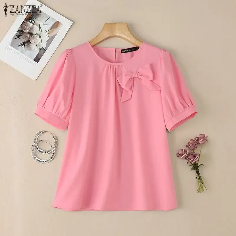 Camicetta Estiva 2026 ZANZEA da Donna Elegante per Ufficio, Maglia a Maniche Corte con Scollo a O, Top Casual Tinta Unita, Blusa con Fiocco Oversize
