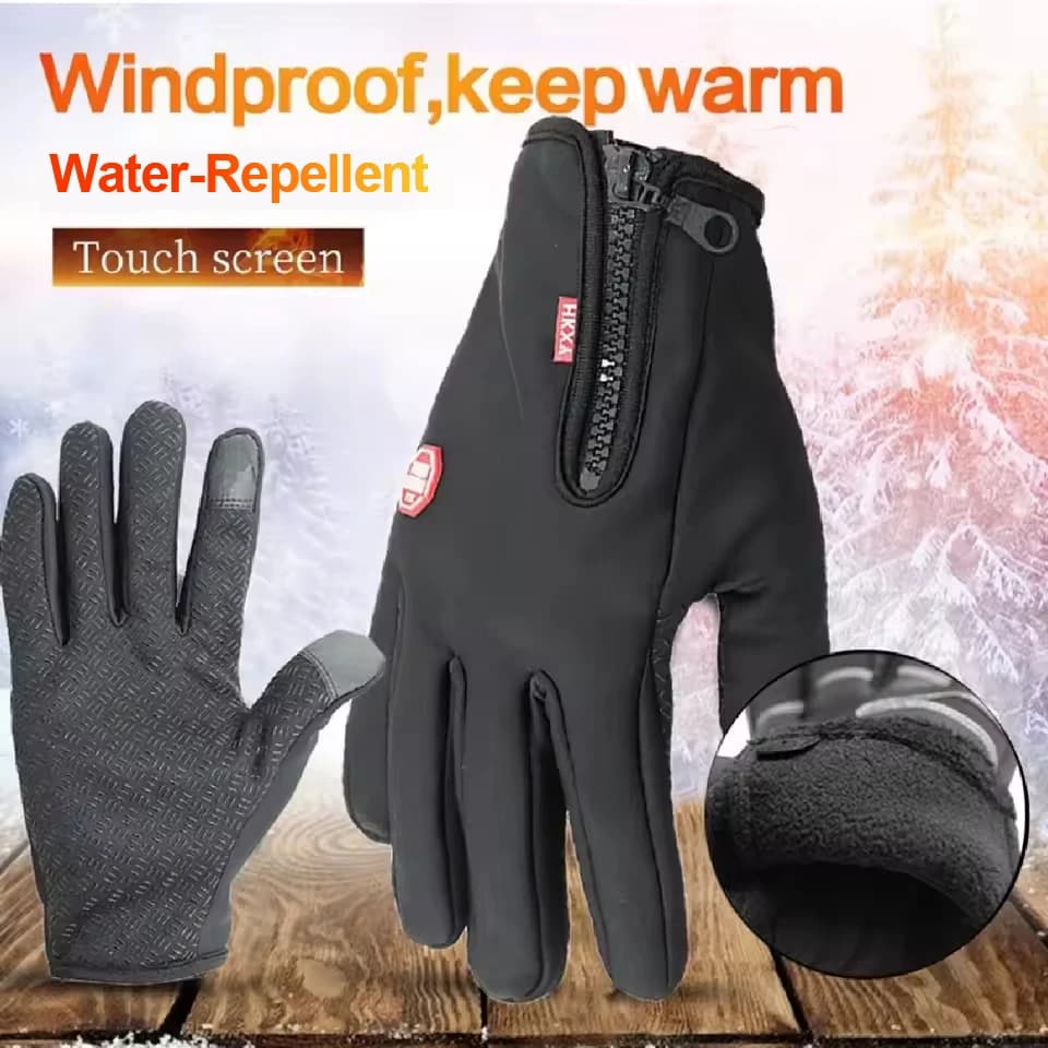 Sport Gloves Autumn Winter for Men and Women, Motorcycle Gloves in Pile with Zip, Touchscreen, Hot, Water-repellent, Windproof and Anti-slip for Cycling