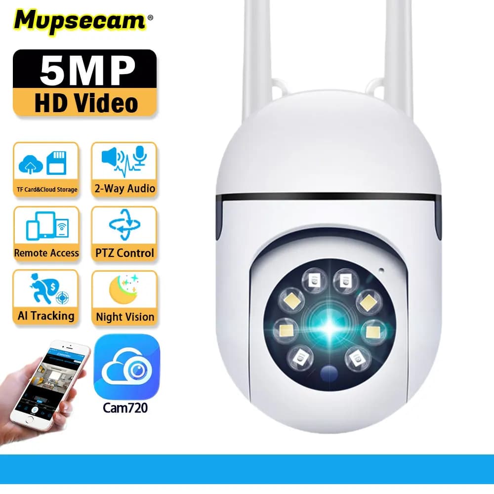 Telecamera di Sorveglianza WiFi PTZ da Interno 5MP, Visione Notturna a Colori, Tracciamento Automatico Wireless, Monitor per Bambini