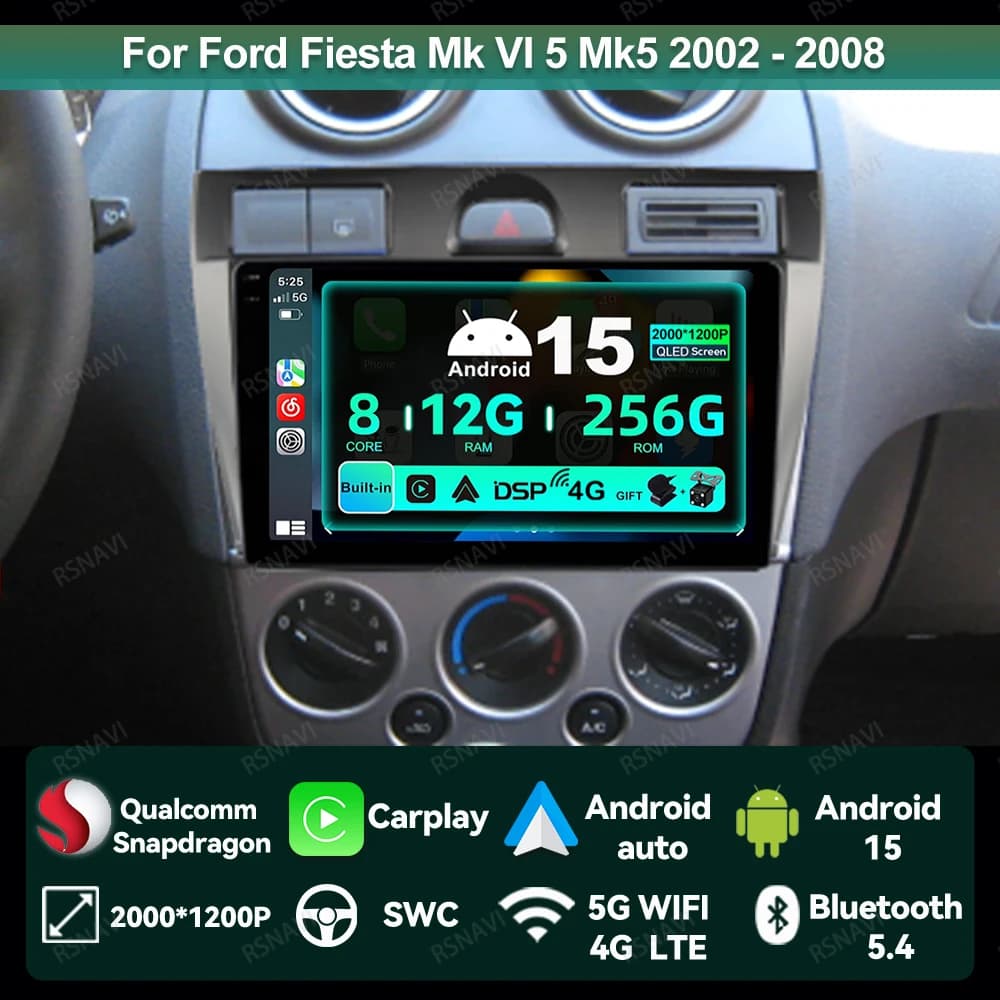 Autoradio Android 15 Per Ford Fiesta Mk VI 5 Mk5 2002 - 2008 5G WIFI Qualcomm GPS DVD QLED Stereo 4G LTE Multimedia Viedo Player