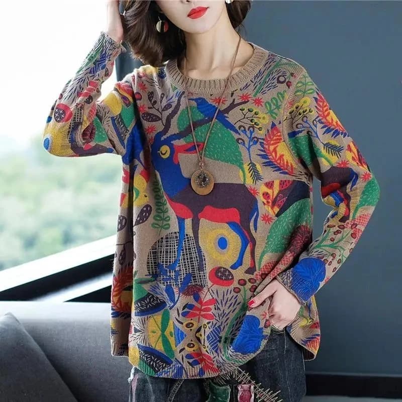 Autunno Inverno Nuovo O-Collo Maglioni stampati astratti Maglione lavorato a maglia a maniche lunghe vintage patchwork moda allentata