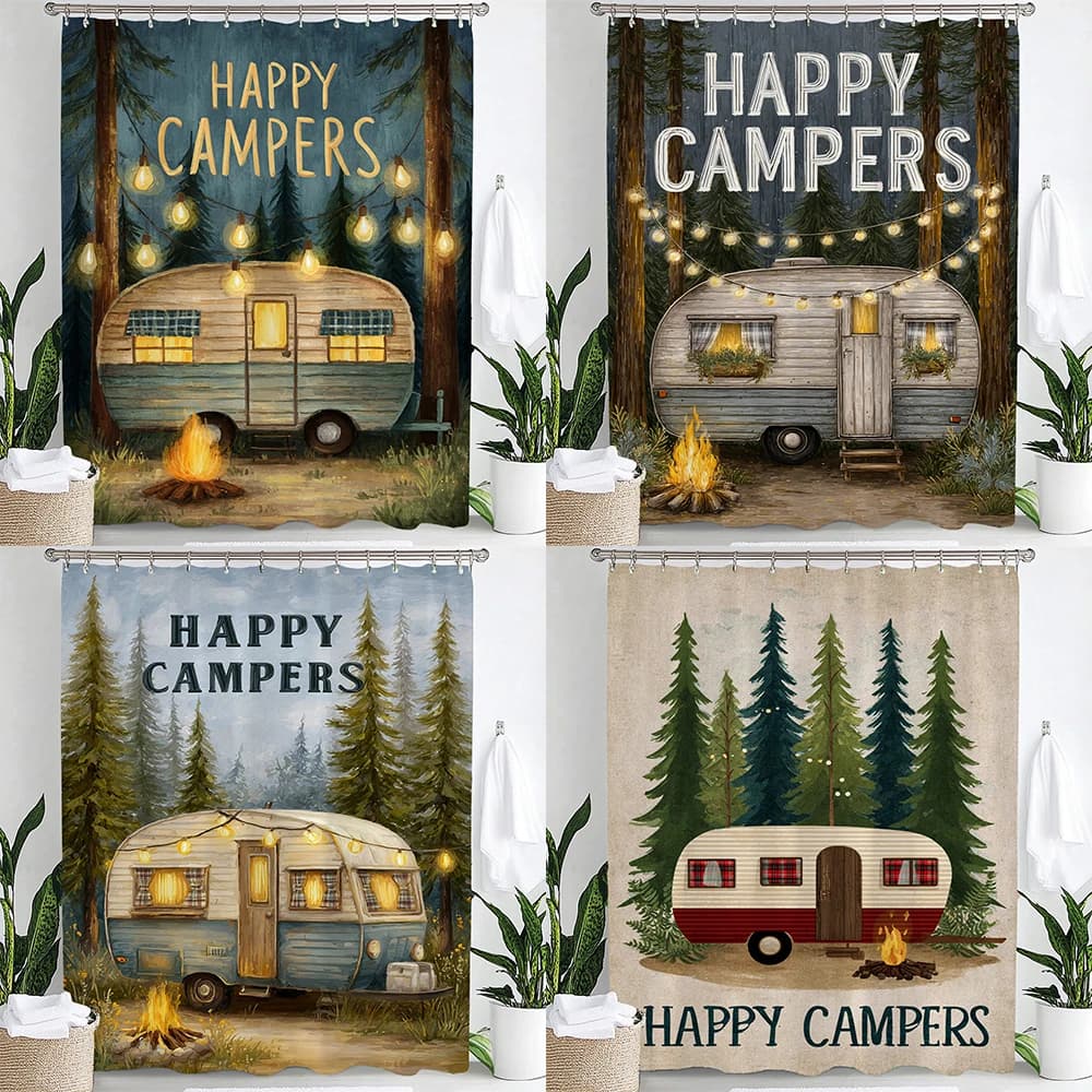 Tenda da doccia con stampa Nordic Cartoon Happy Campers, tenda decorativa per il bagno, tenda da appendere con ganci, lavabile in lavatrice