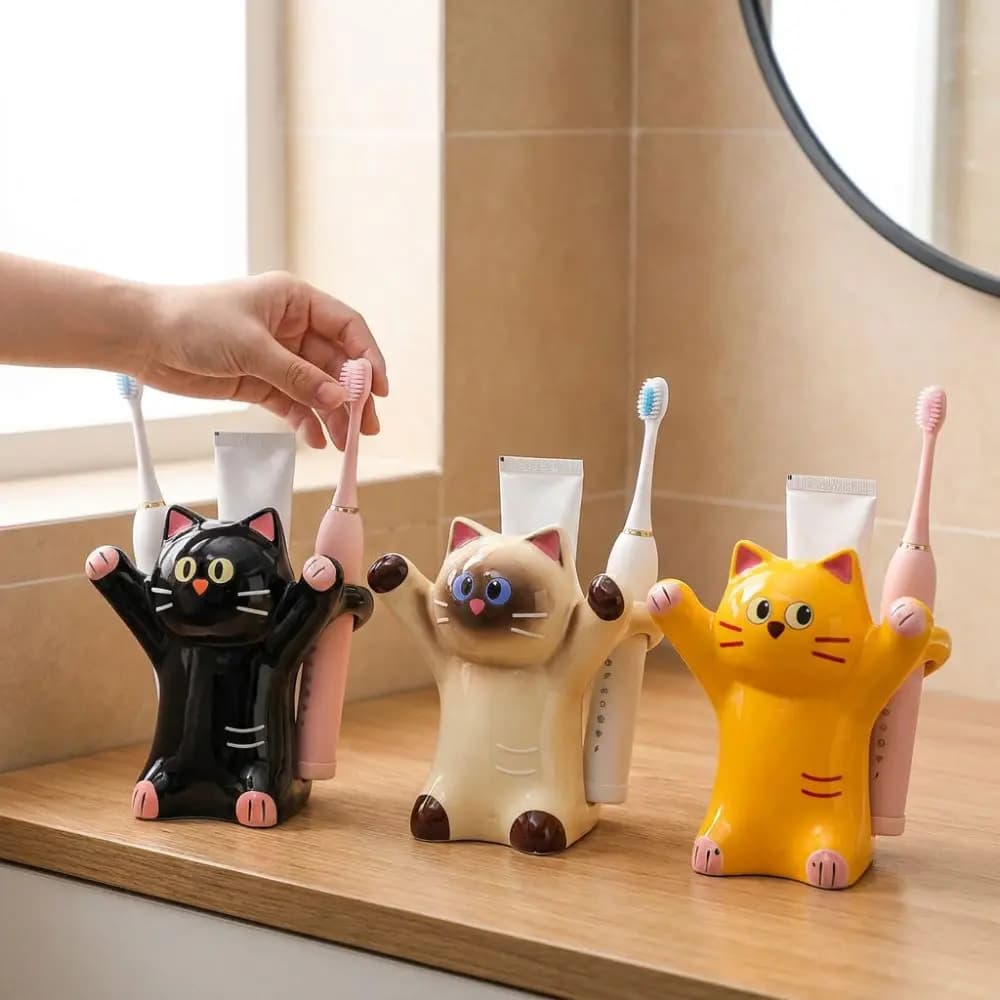 Ceramic Cat Toothbrush Holder Cartoon Animal Aesthetic Electric Toothbrush Stand Whimsical Anti-Slip Base