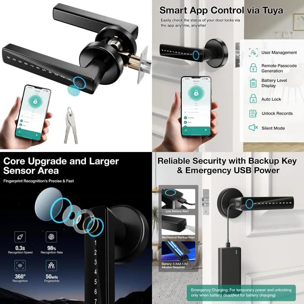 Maniglia per porta d'ingresso senza chiave con impronta digitale, tastiera e controllo app: serratura intelligente biometrica 4 in 1 per un accesso sicuro