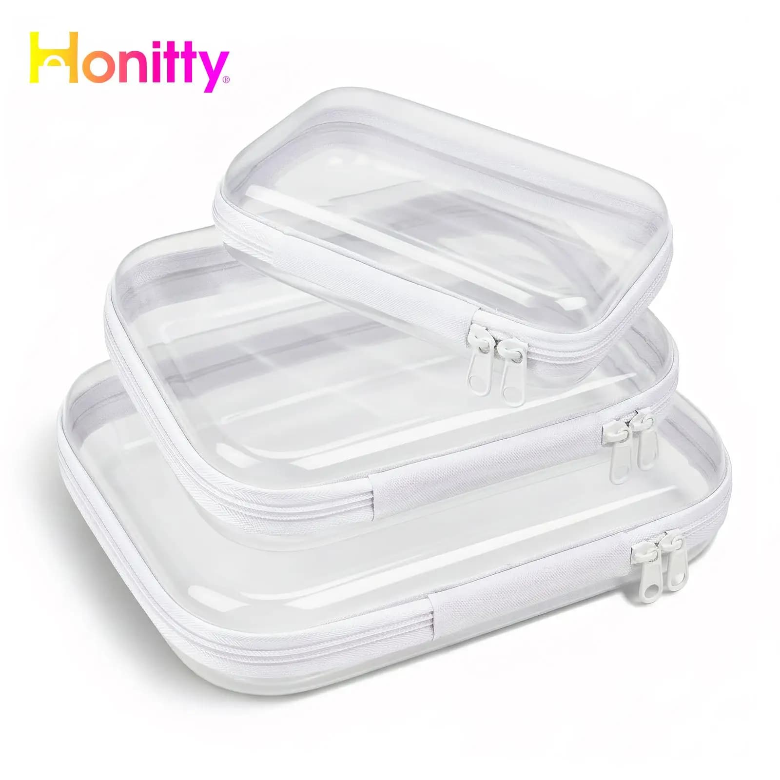 3Pcs/Set Clear PVC Hard Shell Storage Box Transparent Zipper Makeup Cosmetic Bag Portable Travel Toiletry Organizer Case for Small Items Tools Jewelry