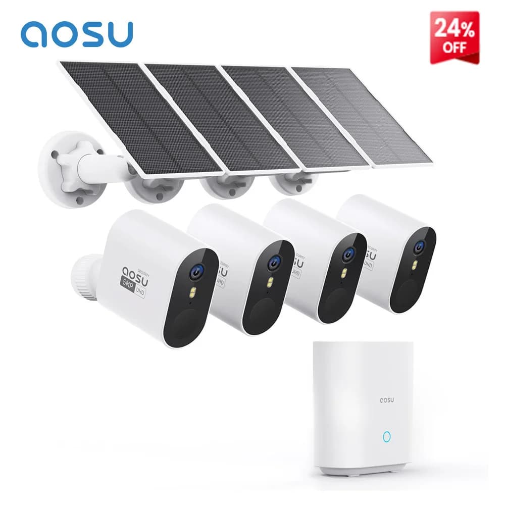 Sistema di Telecamere Solari AOSU 5MP per Esterni, Kit 4 Telecamere Wireless WiFi, Visione Notturna a Colori, Comunicazione Bidirezionale, Set di Telecamere CCTV