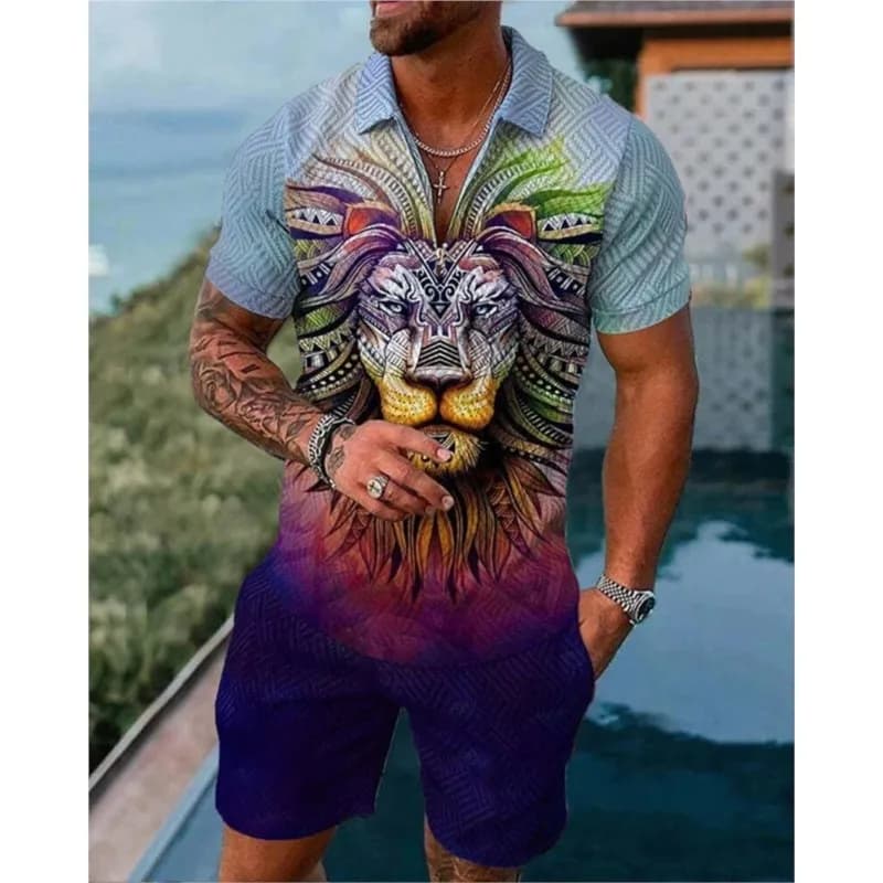 Lion And Tiger Graphics 3D Print Men's Sweatsuit Set Summer Trend Zipper Polo Shirt Shorts 2 Pcs Suit Fashion Casual Streetwear