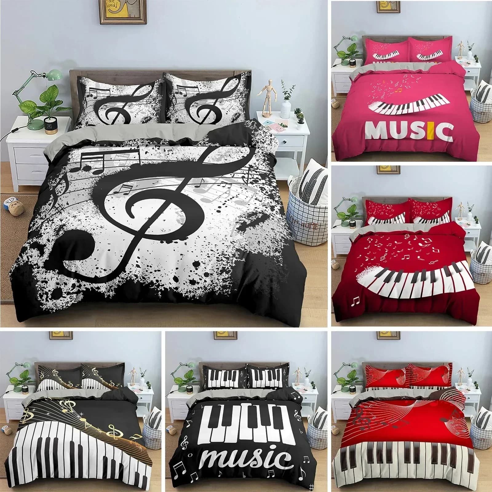 Set di Biancheria da Letto con Motivi Musicali, Copripiumino con Tastiera di Pianoforte e Note Musicali, Misura Queen, Set di Biancheria da Letto in Microfibra con Chitarra in Poliestere