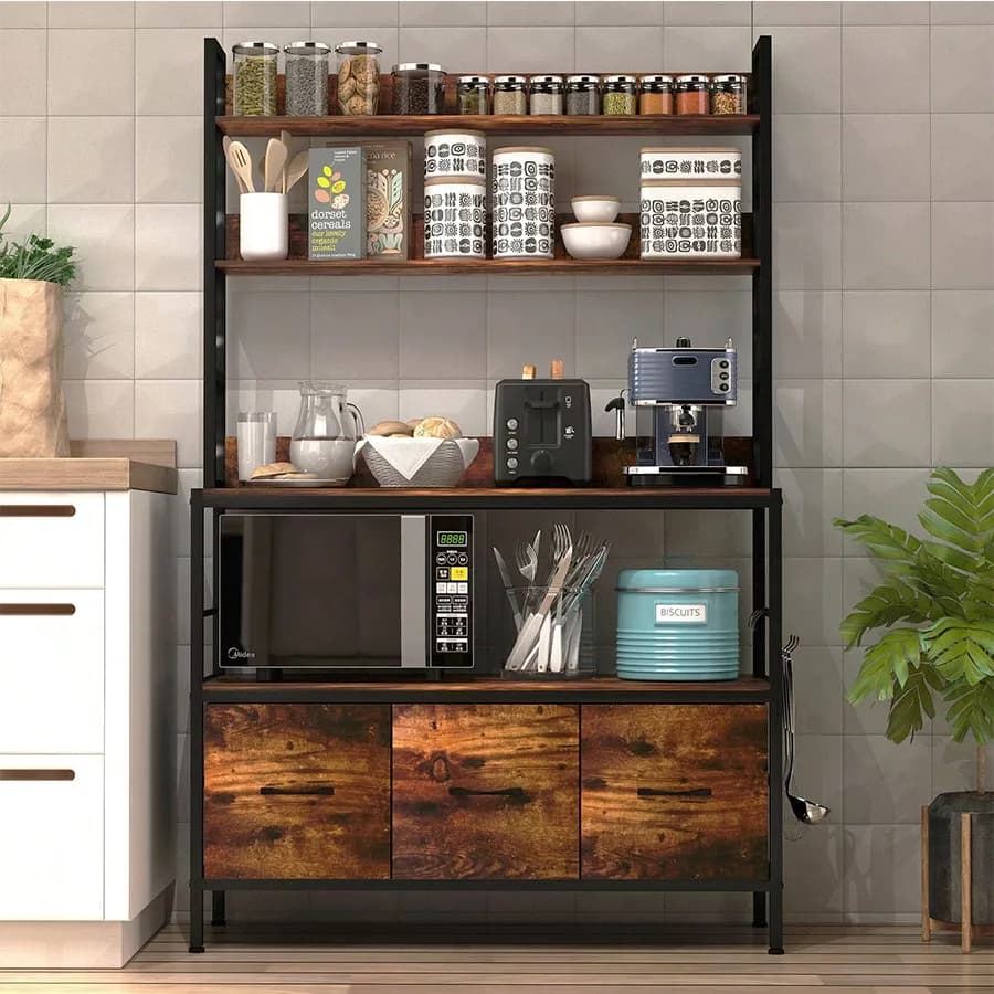Kitchen Bakers Rack With 3 Baskets,5-Tier Free Standing Kitchen Storage Shelf Rack,Industrial Microwave Oven Stand,Metal Kitchen Organizer Rack With Hooks,Coffee Bar Station,Kitchen Furniture,Brown/Black