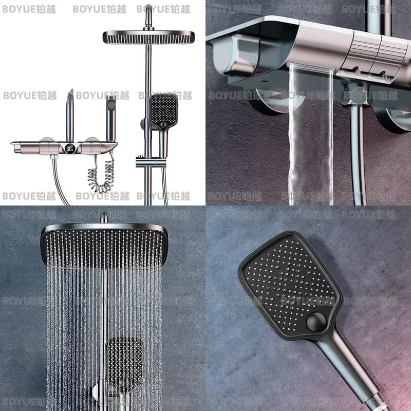 Grey Piano Key Thermostatic Shower Set Digital Display Rainfall Head Concealed Wall Mounted Bathroom Bathing System