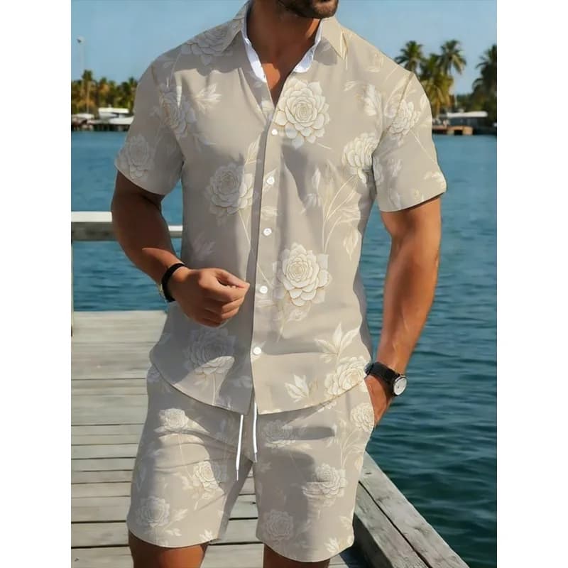 Men's Summer Polyester Floral Shirt Shorts Set Beige Breathable Durable Beach Vacation Casual Outfit Comfortable Fashionable