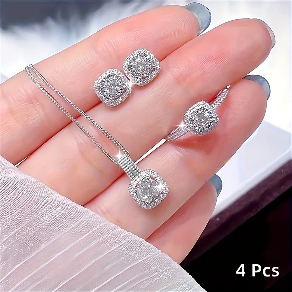 Set di Gioielli con 4 Pezzi in Zirconia Cubica, Collana, Anello e Orecchini Scintillanti - Regalo di Moda per Donne, per Uso Quotidiano e Feste