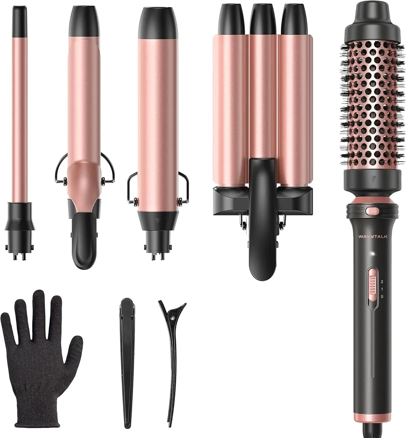 Set Ferro Arricciacapelli 5-in-1 to Double Voltage with Interchangeable Cylinders, Thermal Brush, Crimping Machine - Pink