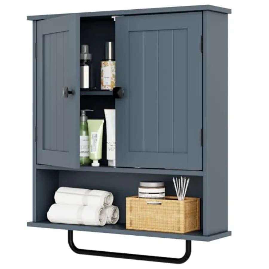 Mobiletto da Bagno a Parete con Portasciugamani, Armadietto Sopra WC, 2 Ante, Ripiano Regolabile, Finitura Bianco-Grigio, Durevole e Resistente