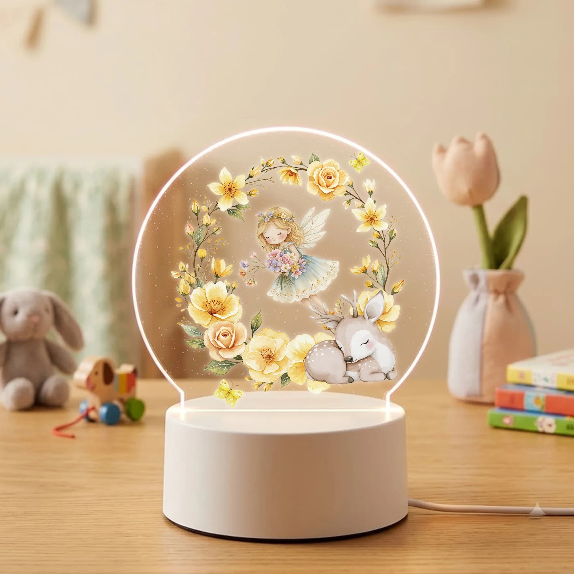 2D Flat Acrylic LED Yellow Rose Fairy Decoration Desk Lamp Night Light Cartoon Children Bedroom Gifts Home Decor Gift