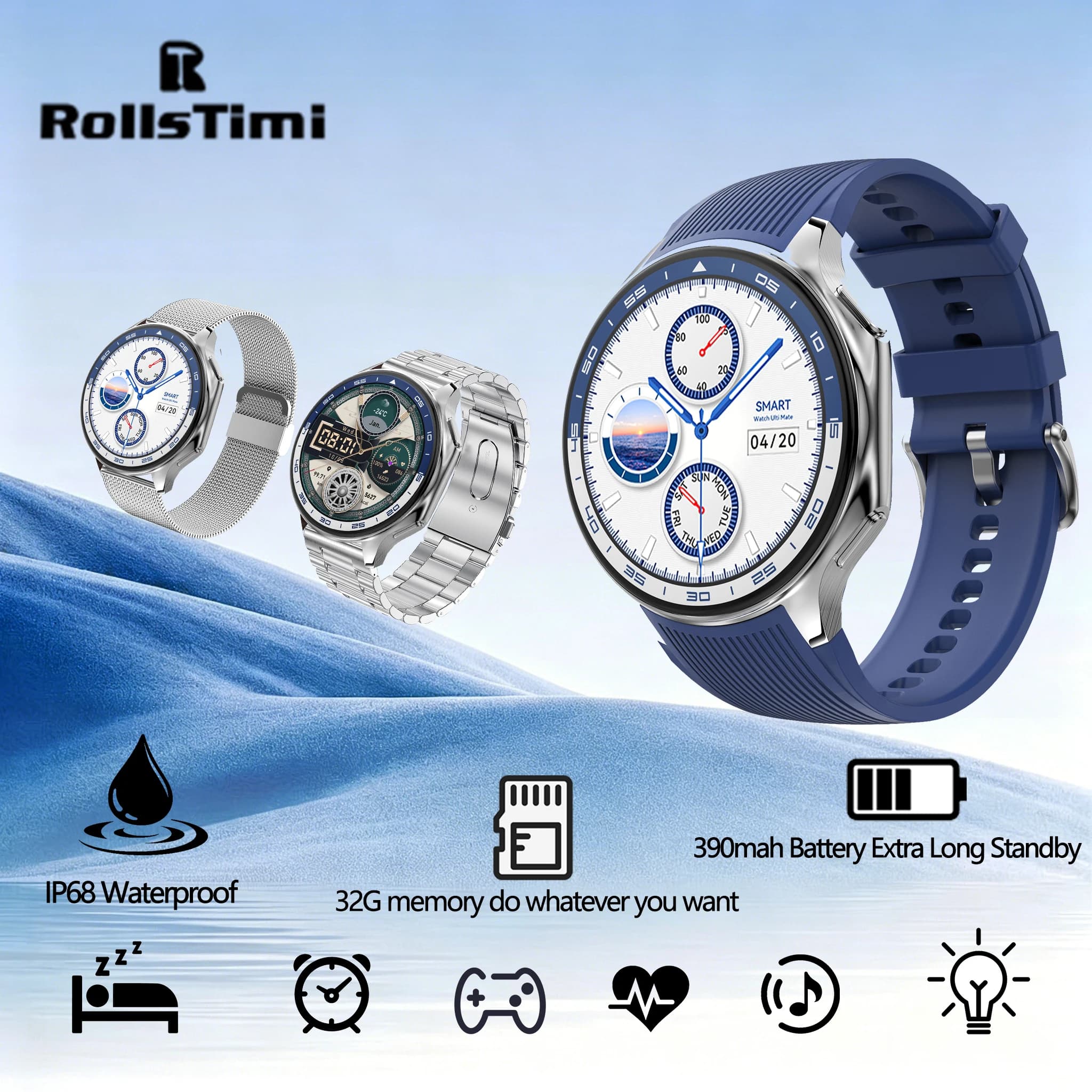 ROLLSTIMI Smartwatch Unisex per Attività all'Aperto, IP68, Multifunzione, Multilingue, con Assistente Vocale, Giochi, Musica e Funzioni Sportive