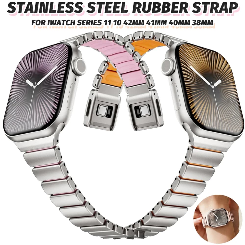 Cinturino in Acciaio Inossidabile per Apple Watch Serie 11 10 42mm 9 8 7 6 5 4 Se3 Se2 40mm 41mm 38mm, Bracciale in Gomma per Donna