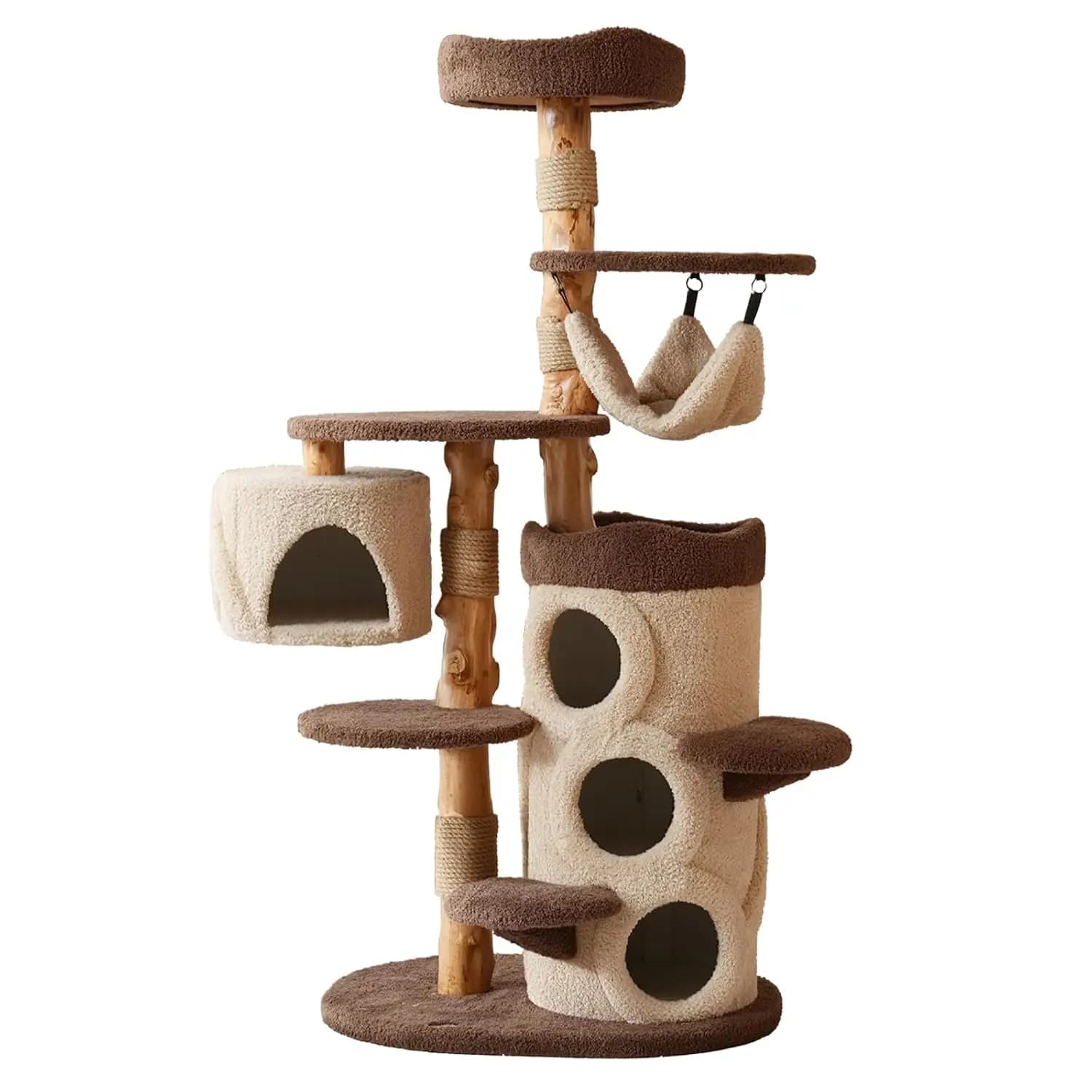Solid Wood Cat Tree 68" Multi-Level Tower with 3 Condos, Scratching Post, Perch & Hammock for Large Cats, Customized