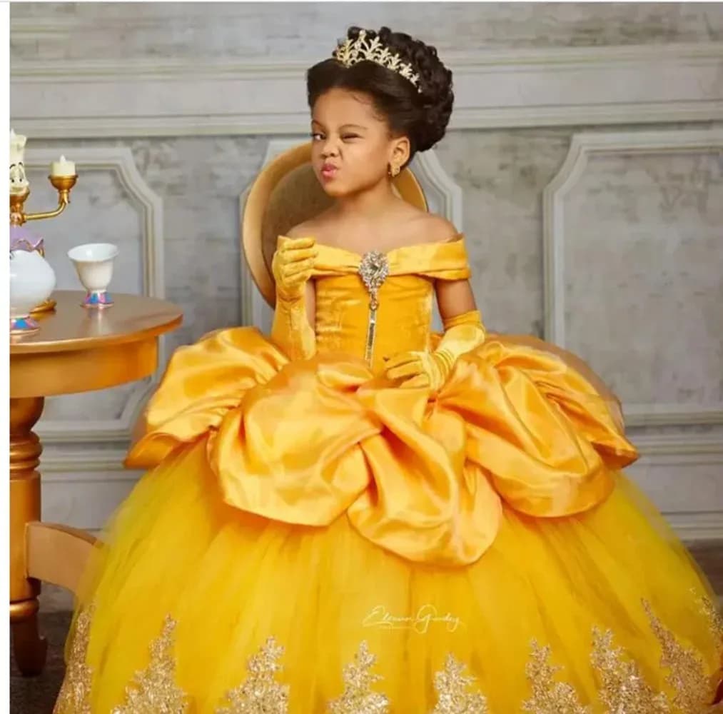 Abiti da damigella d'onore stile Principessa Belle per matrimonio, con volant, lunghi fino al pavimento, abiti da festa di compleanno per bambina, abiti da Prima Comunione personalizzabili