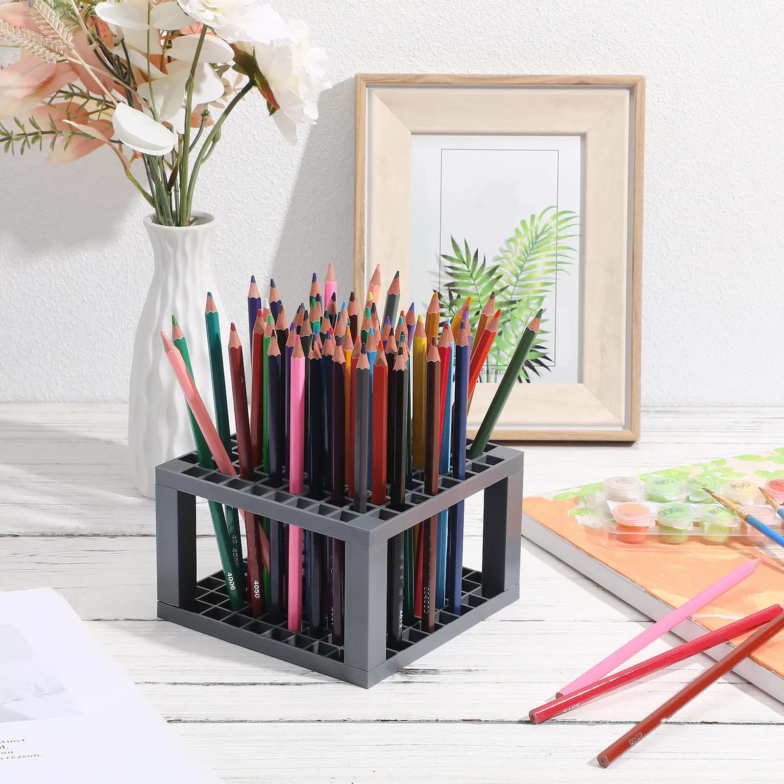 Portapenne a 96 Fori, Organizzatore da Scrivania in Plastica, Porta Pennelli per Artisti, Contenitore per Materiali Artistici