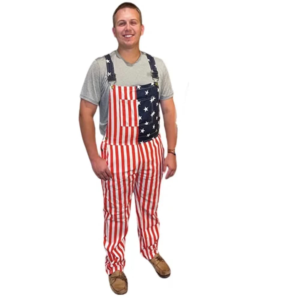 2026 New Mens Jeans Overalls American Independence Day Flag Couple Suspenders Cargo Trousers Women Jumpsuit