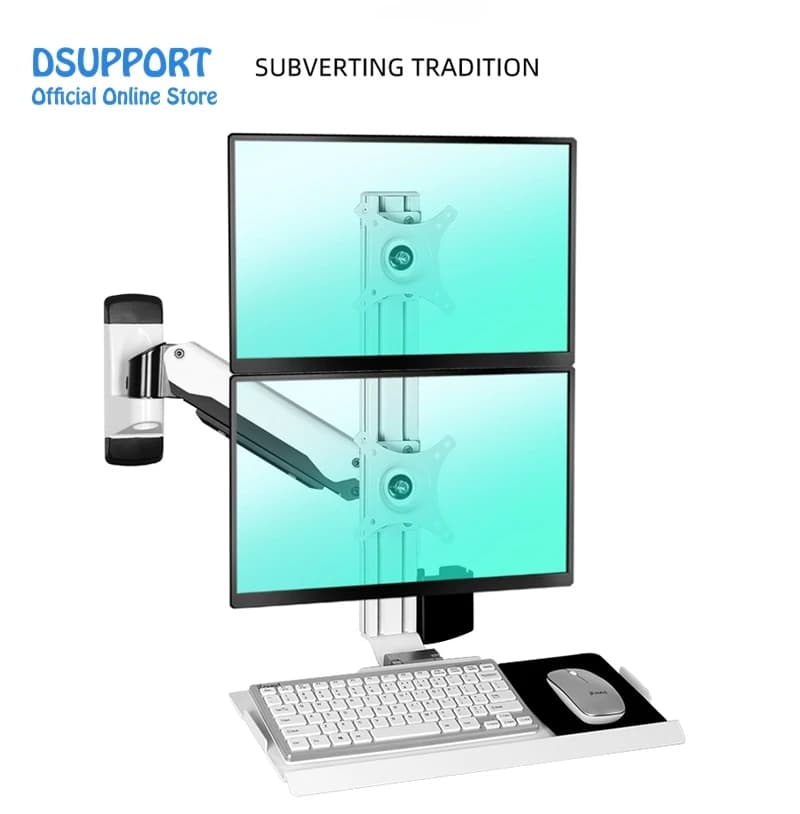 Aluminium wall support for sit-stand workstations, 15-24 inch double monitor gas arm with keyboard tray, swivel LCD bracket