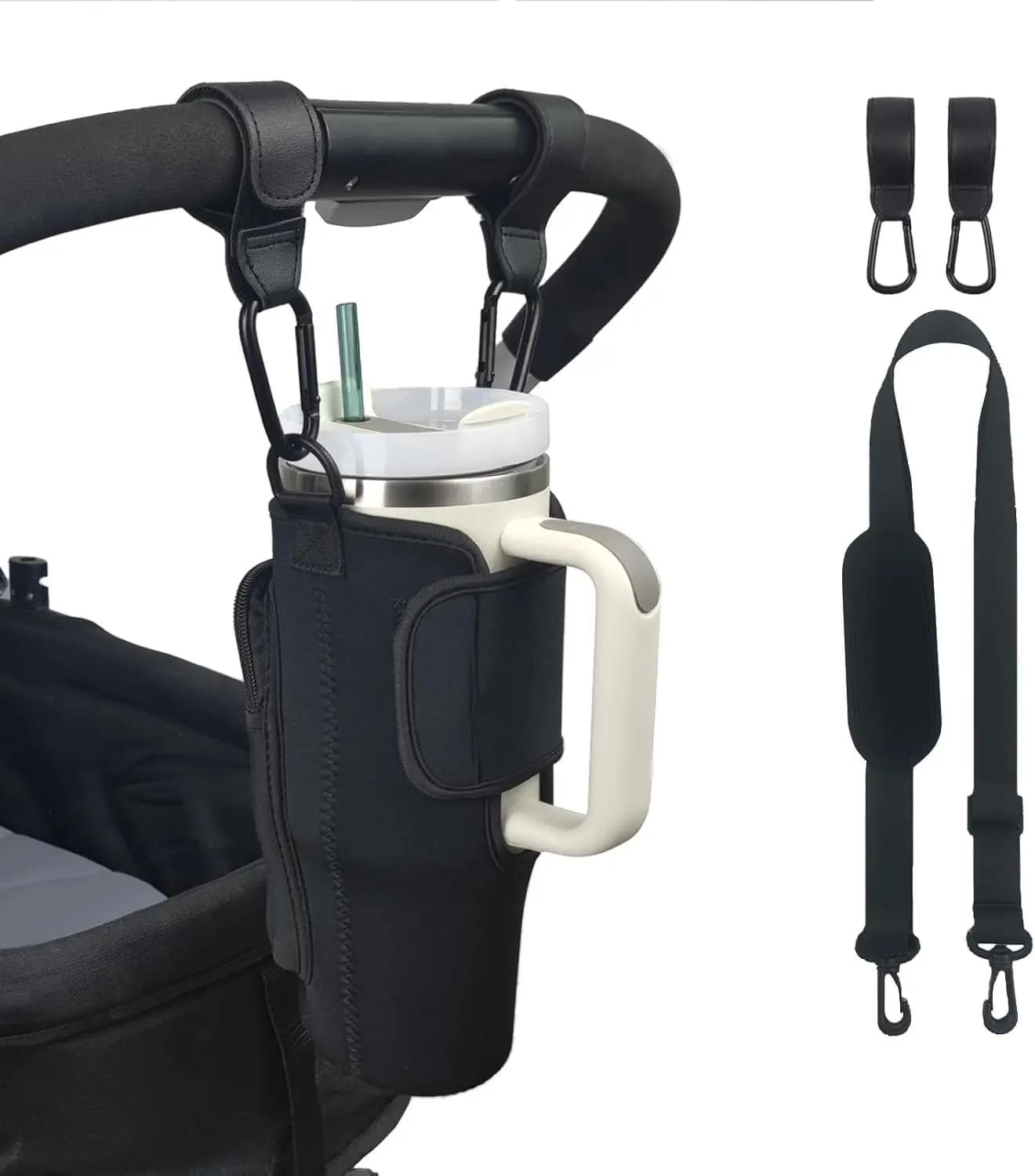 Portabicchieri per passeggino compatibile con tazze da 30/40 oz, cinturino regolabile e tasche