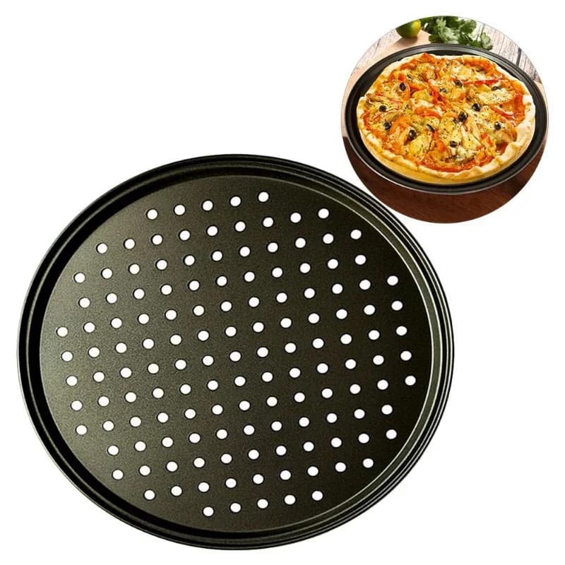 Teglia per pizza antiaderente in acciaio al carbonio Vassoio in rete Piatto Bakeware Strumento di cottura Piatto per pizza Piatto rotondo Piatto profondo per pizza