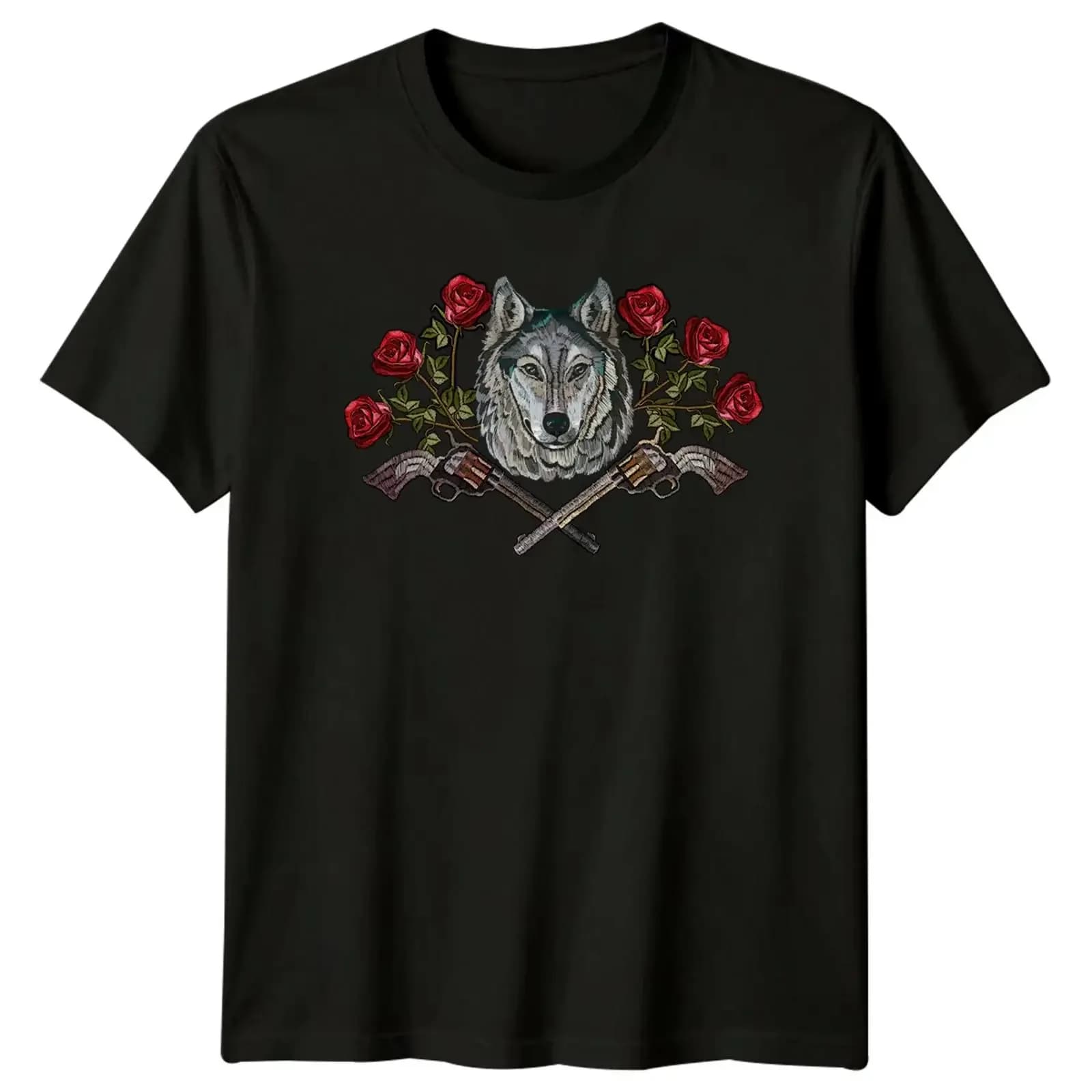 T-shirt da uomo/donna con grafica vintage lavata, comoda e morbida, per tutti i giorni, elegante, con motivo Lupo, Rose, Armi, Amante degli Animali