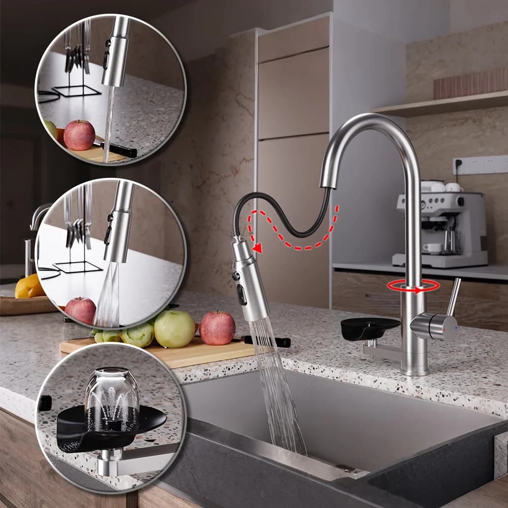 Rubinetto da cucina con rondella per tazze Multifunzione estraibile Spruzzatore a flusso Rubinetti per lavello da cucina Miscelatore acqua calda fredda montata su piano Rubinetto di lusso moderno per la cucina