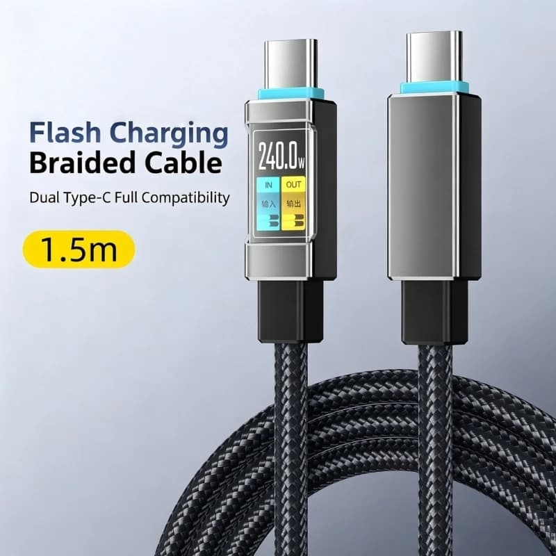 USB C Charging Cable 240W Fast 1.5M Textile Type C Data Cable with 480Mbps Transfer for Sofa, Bedside and Office F19E