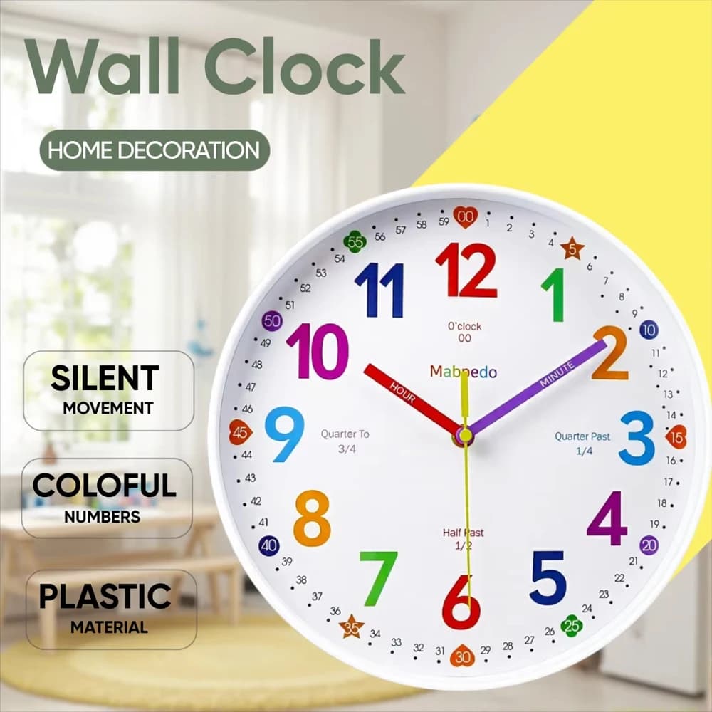 Wall clock for early education Colorful number Children learning time for school classroom bedrooms silent analog clock from 8/10/12 inches