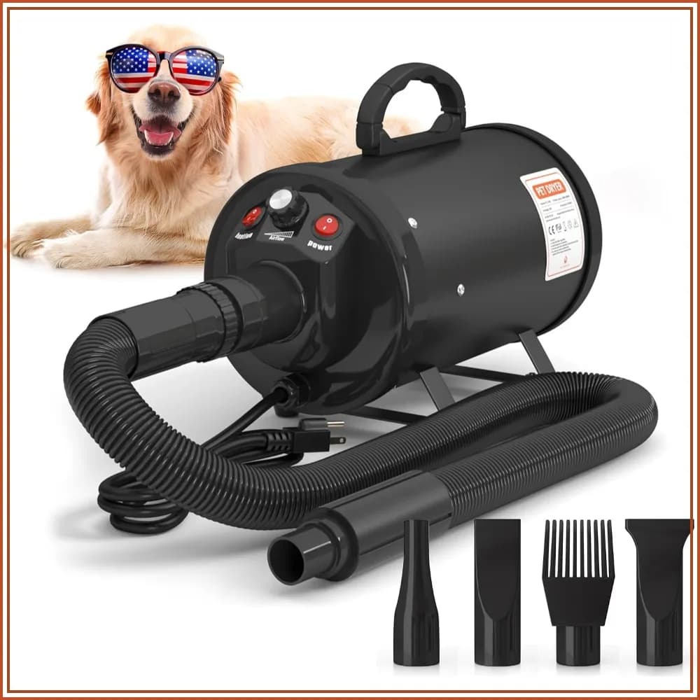 High-Velocity Dog Dryer: Quiet Pet Hair Blower with Heater, 4 Nozzles, Adjustable Speed for Large Dogs & Thick Coats
