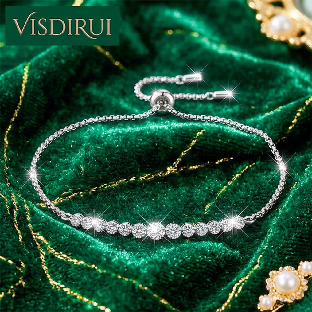 VISDIRUI Bracciale Tennis con Moissanite 0.24ct Colore D, Argento Sterling S925, Lunghezza Regolabile, Finitura Champagne, Gioiello da Festa, Regalo