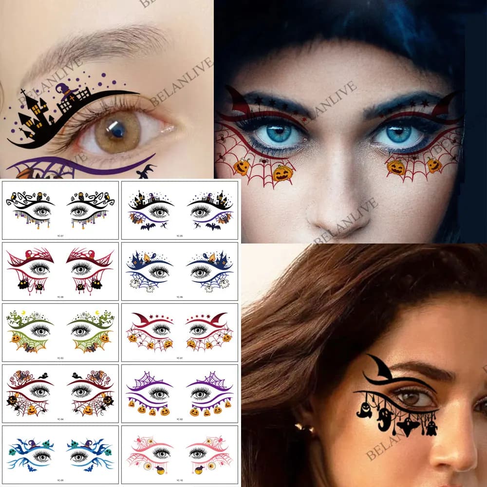 10 adesivi per tatuaggi occhi impermeabili di Halloween, zucca, fantasma, ragno, modello, tatuaggio finto, trucco viso per feste di Halloween