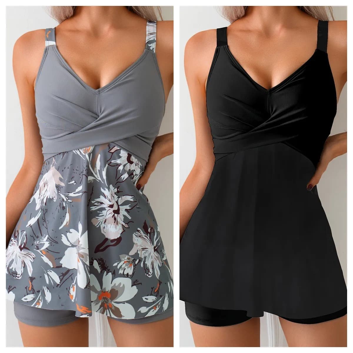Costume da bagno donna tankini due pezzi con scollo a V, top tankini modellante e pantaloncini a vita alta, set tankini nero
