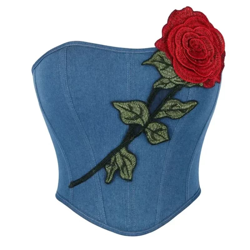 Corsetto in denim blu Top Bustier con ricamo rosa Con lacci Top corto overbust sexy Body Shaper senza schienale Gilet corto per torso