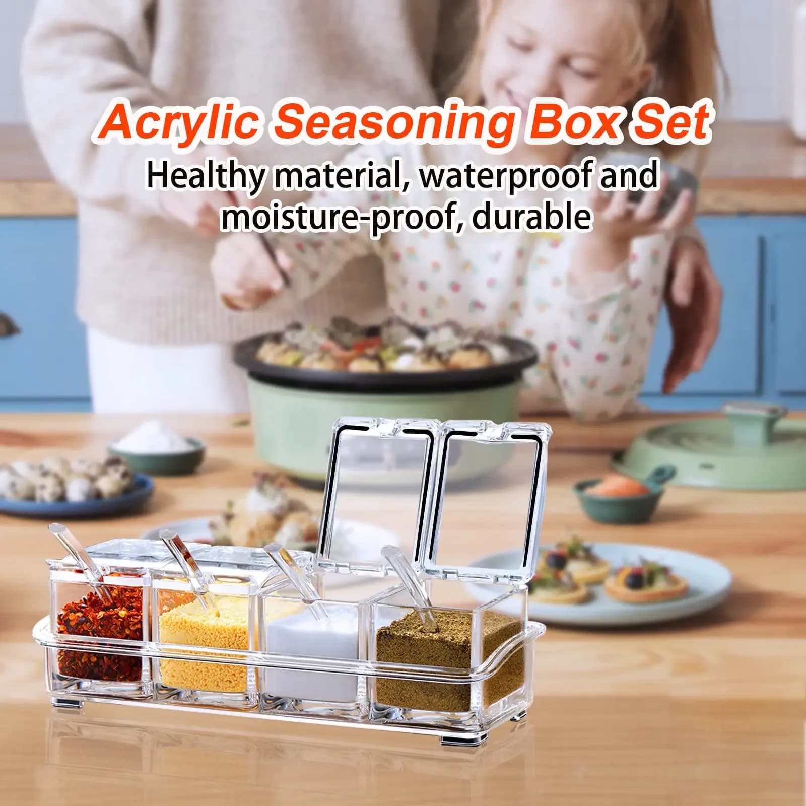 Set di 4 Contenitori per Spezie da Cucina in Acrilico Trasparente con Cucchiaio, Barattoli per Sale, Zucchero e Condimenti con Coperchi