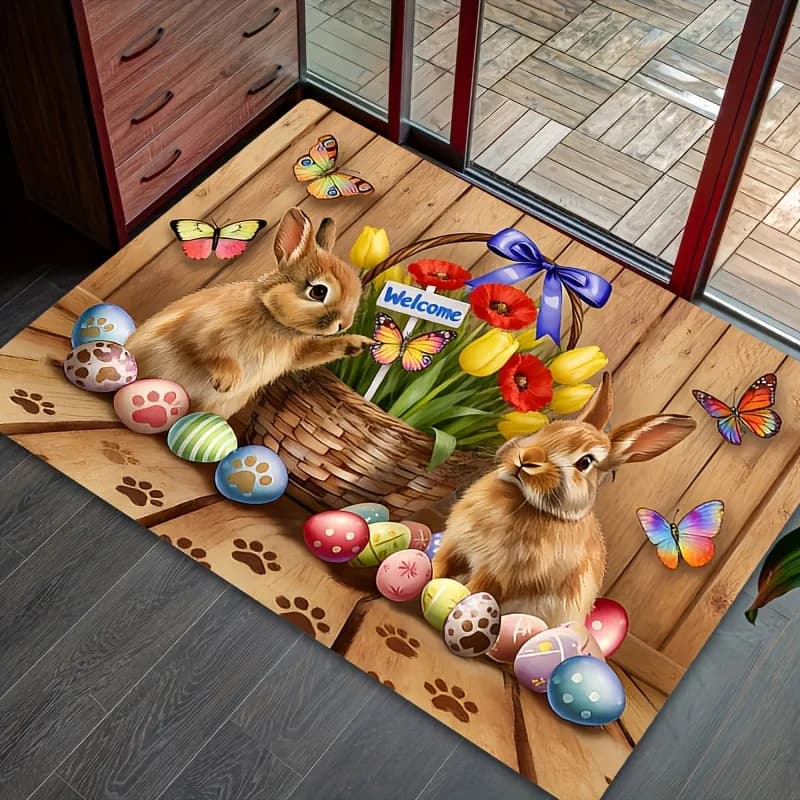 1Pc Easter Bunny and Eggs Door Mat, Floral Basket Tulip Butterfly Print Welcome Entrance Rug, Farmhouse Wood Grain Background, Machine Washable Flannel Non-Slip Carpet, Suitable for Entrance, Living Room, Bedroom, Kitchen, Hallway, Office