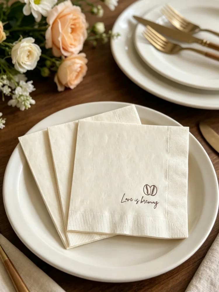 Love is Brewing Coffee Bean Pattern Ivory Beverage Napkins Bronze Foil Printed Disposable Table Gift Favors For Wedding