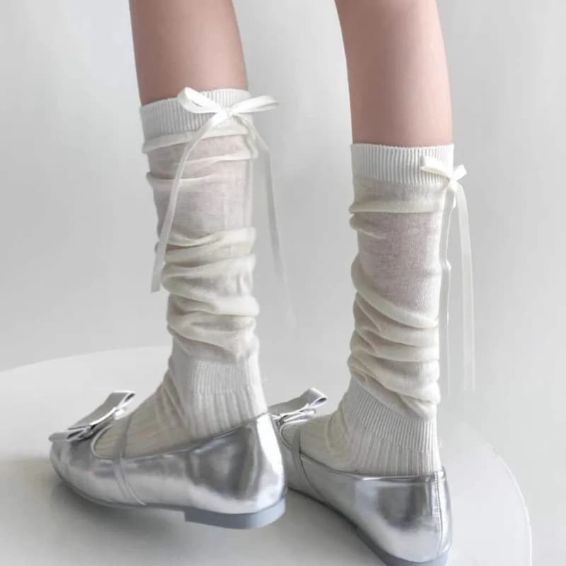1/2/5 Paia di Calze Lunghe Lolita da Donna, Estive Ultra Sottili Traspiranti con Nastro e Fiocco, Stile JK per Ragazze, Calze Nere e Bianche