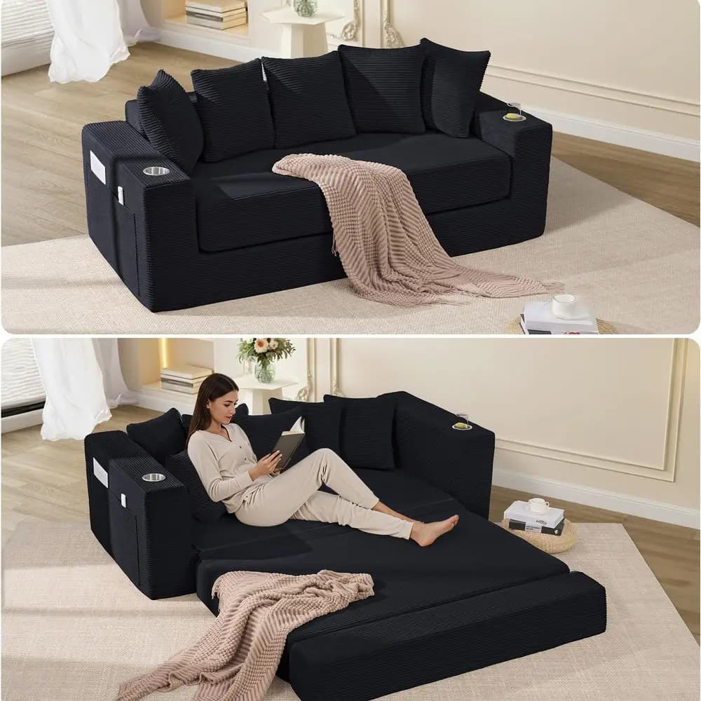 Divano Letto Convertibile, Divano Pieghevole 3-in-1 con Portabicchieri e Tasca, Divano Estraibile in Corduroy Senza Struttura con 5 Cuscini, De